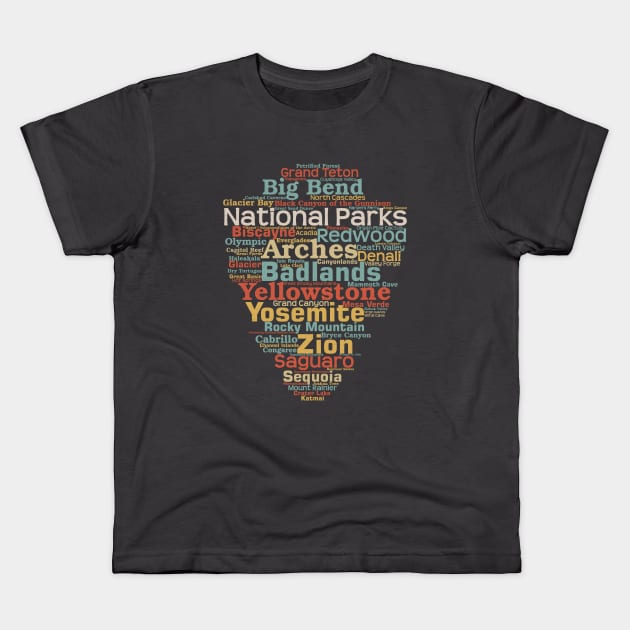 US National Parks Arrowhead Word List Cloud Camping Hiking Retro Kids T-Shirt by Pine Hill Goods